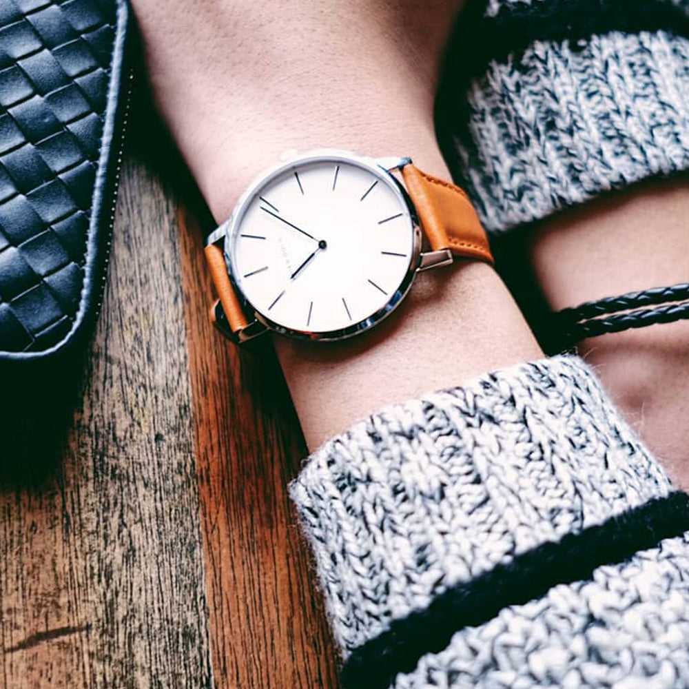 ARIES GOLD URBAN SANTOS SILVER STAINLESS STEEL L 1023 S-W BROWN LEATHER STRAP WOMEN'S WATCH - H2 Hub Watches