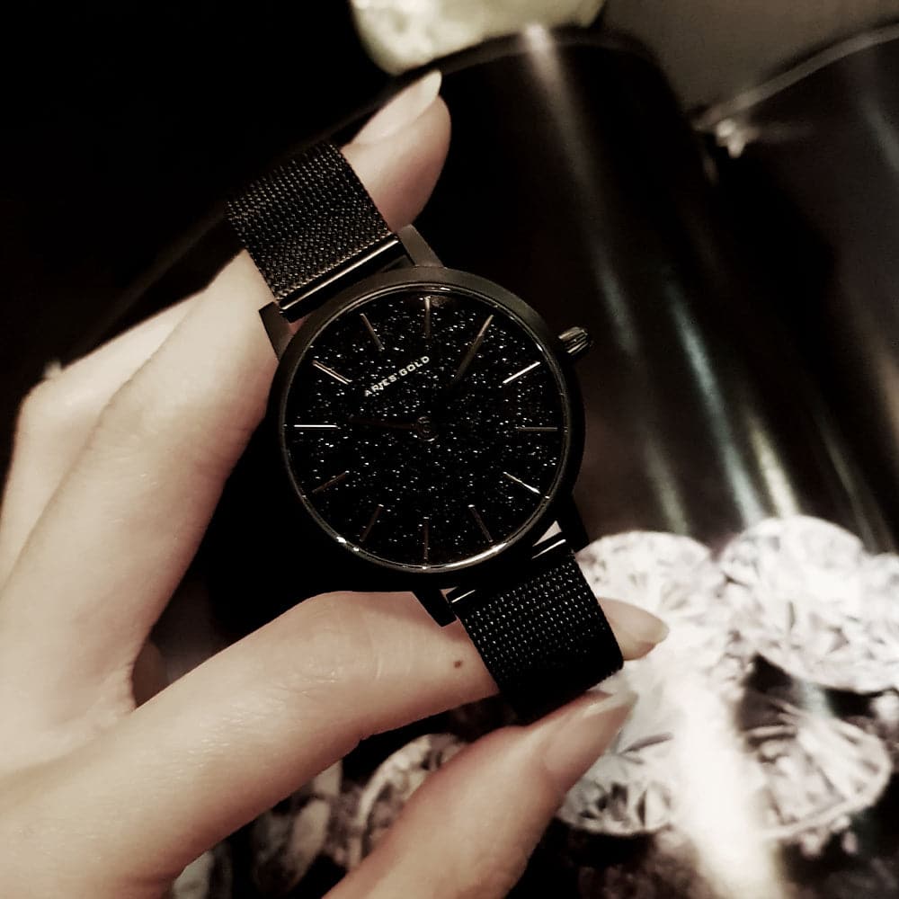 ARIES GOLD COSMO BLACK STAINLESS STEEL L 1024 BK-BK MESH STRAP WOMEN'S WATCH - H2 Hub Watches