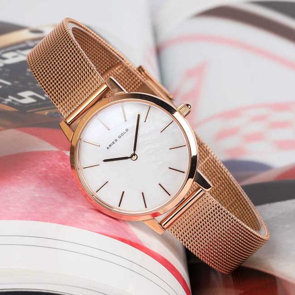ARIES GOLD COSMO ROSE GOLD STAINLESS STEEL L 1024 RG-MP MESH STRAP WOMEN'S WATCH - H2 Hub Watches