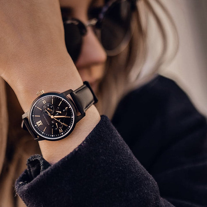 ARIES GOLD URBAN ETERNAL BLACK STAINLESS STEEL L 1028 BKG-BKG BLACK LEATHER STRAP WOMEN'S WATCH - H2 Hub Watches