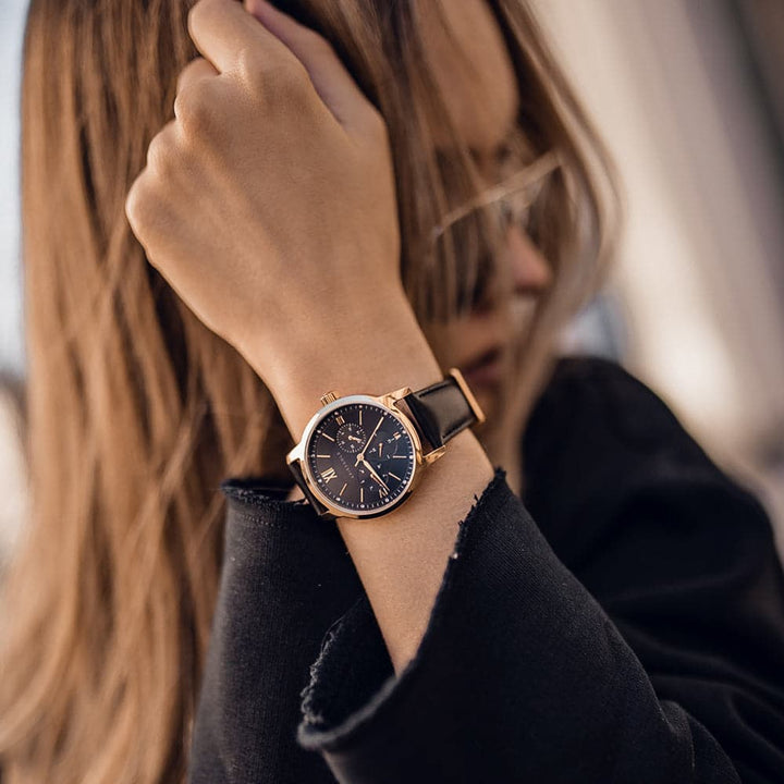 ARIES GOLD URBAN ETERNAL GOLD STAINLESS STEEL L 1028 G-BKG BLACK LEATHER STRAP WOMEN'S WATCH - H2 Hub Watches