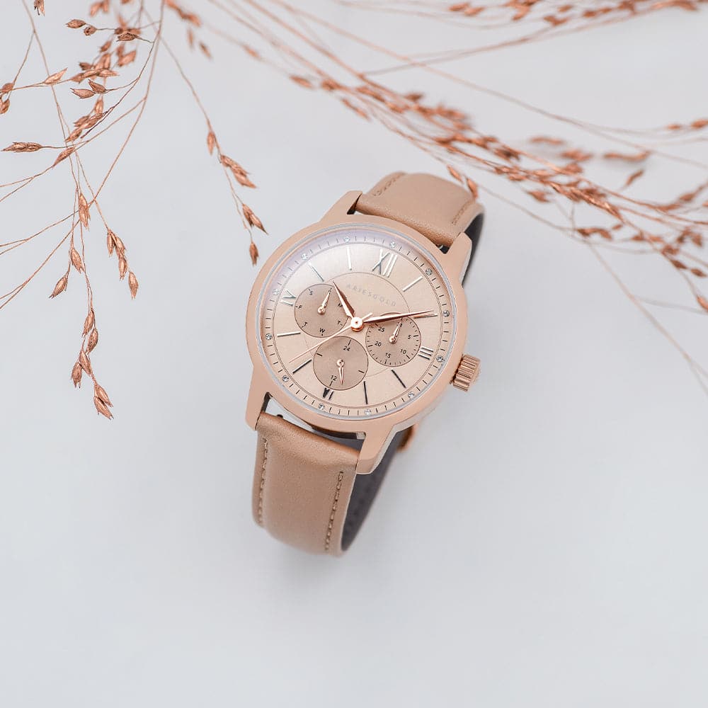 ARIES GOLD URBAN ETERNAL ROSE GOLD STAINLESS STEEL L 1028 RG-BEI DUSTY PINK LEATHER STRAP WOMEN'S WATCH - H2 Hub Watches