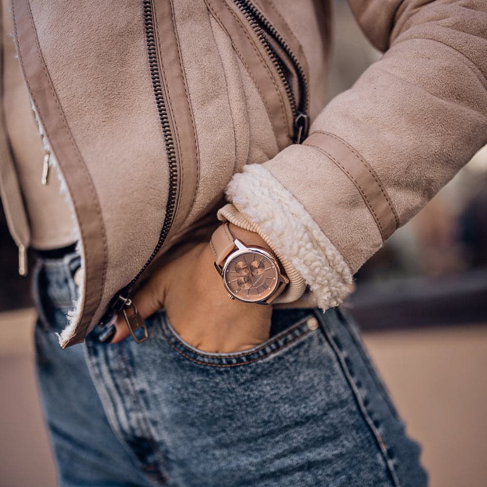 ARIES GOLD URBAN ETERNAL ROSE GOLD STAINLESS STEEL L 1028 RG-BEI DUSTY PINK LEATHER STRAP WOMEN'S WATCH - H2 Hub Watches