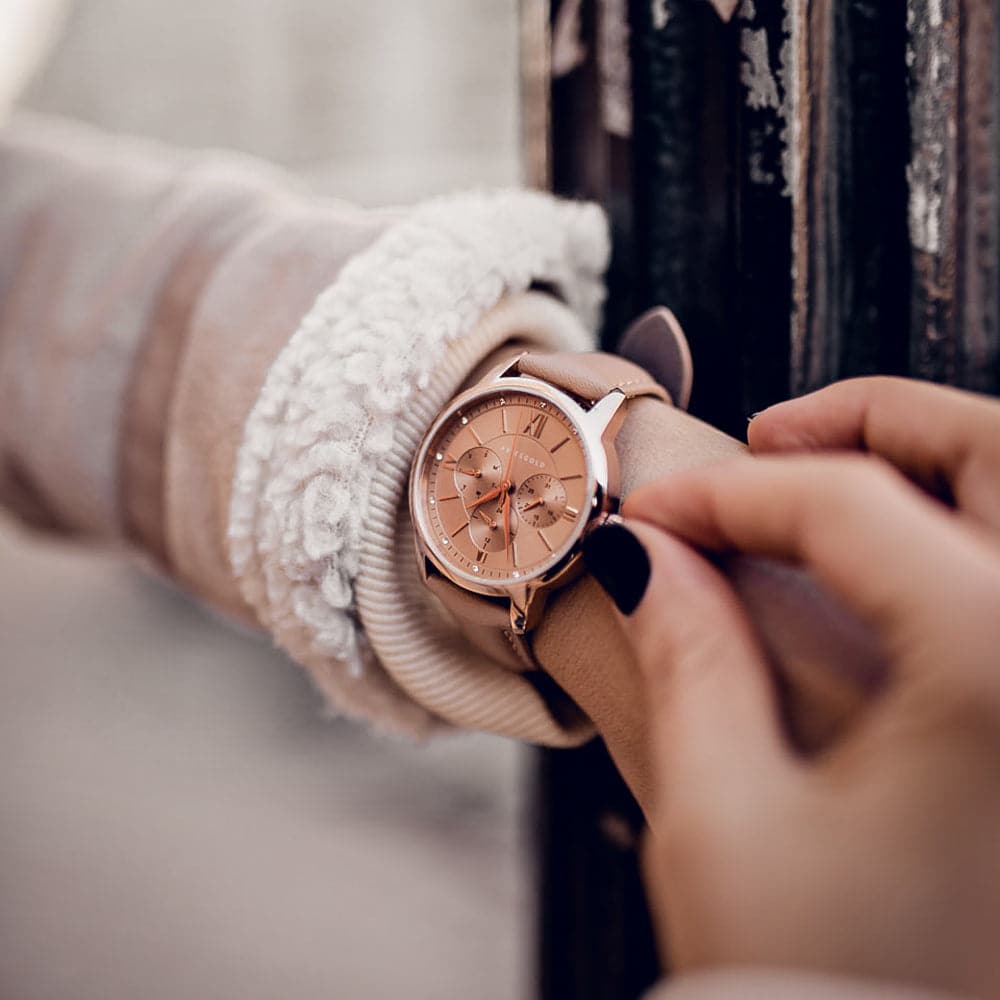 ARIES GOLD URBAN ETERNAL ROSE GOLD STAINLESS STEEL L 1028 RG-BEI DUSTY PINK LEATHER STRAP WOMEN'S WATCH - H2 Hub Watches