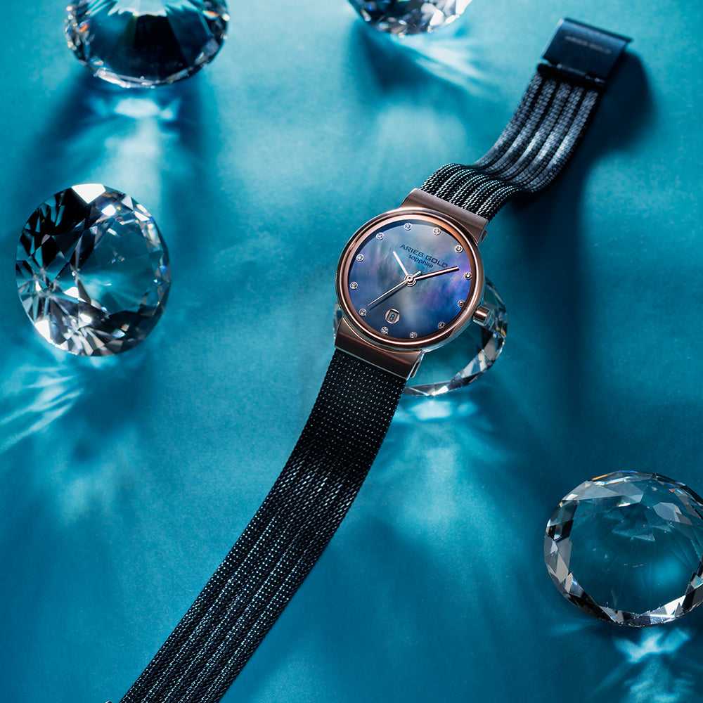 ARIES GOLD ENCHANT CAMILLE ROSE GOLD STAINLESS STEEL L 5002 2TR-BUMOP MESH STRAP WOMEN'S WATCH - H2 Hub Watches