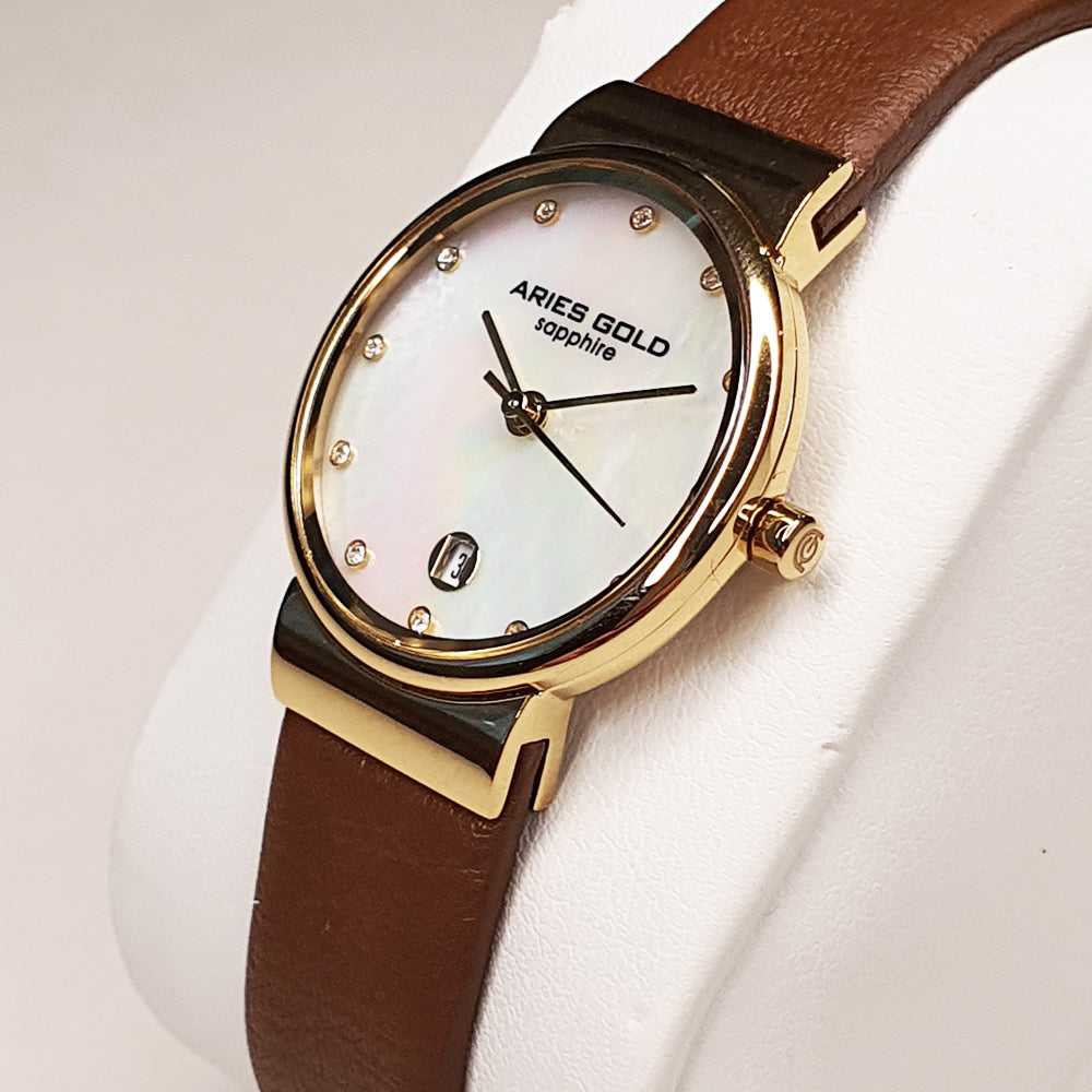 ARIES GOLD ENCHANT CAMILLE GOLD STAINLESS STEEL L 5002 G-MOP-L BROWN LEATHER STRAP WOMEN'S WATCH - H2 Hub Watches