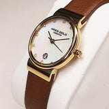ARIES GOLD ENCHANT CAMILLE GOLD STAINLESS STEEL L 5002 G-MOP-L BROWN LEATHER STRAP WOMEN'S WATCH - H2 Hub Watches