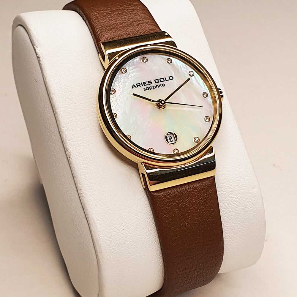 ARIES GOLD ENCHANT CAMILLE GOLD STAINLESS STEEL L 5002 G-MOP-L BROWN LEATHER STRAP WOMEN'S WATCH - H2 Hub Watches