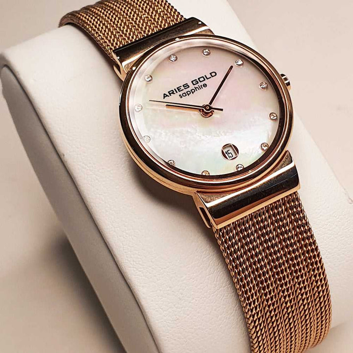 ARIES GOLD ENCHANT CAMILLE ROSE GOLD STAINLESS STEEL L 5002 RG-MOP MESH STRAP WOMEN'S WATCH - H2 Hub Watches