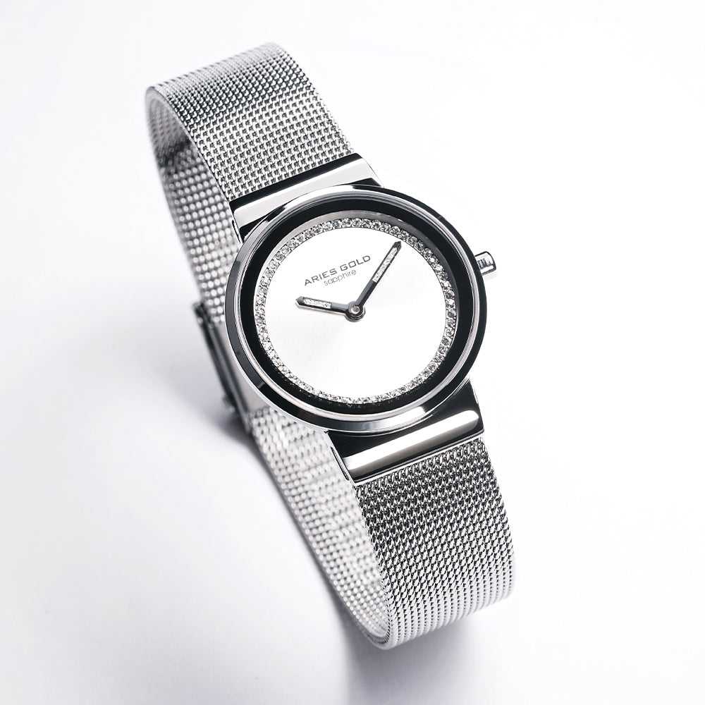 ARIES GOLD ENCHANT SONJA SILVER STAINLESS STEEL L 5003 S-S MESH STRAP WOMEN'S WATCH - H2 Hub Watches