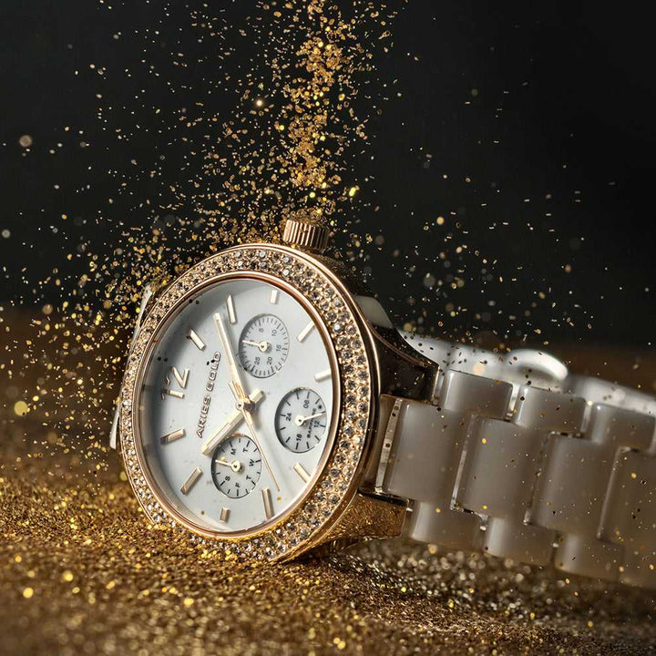 ARIES GOLD L 5004Z G-W WHITE CERAMIC STRAP WOMEN'S WATCH - H2 Hub Watches