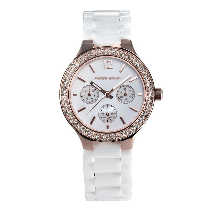 ARIES GOLD ENCHANT CONQUERESS ROSE GOLD STAINLESS STEEL L 5004Z RG-W WHITE CERAMIC STRAP WOMEN'S WATCH - H2 Hub Watches