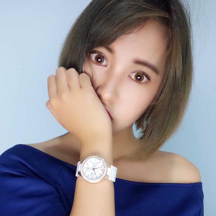 ARIES GOLD ENCHANT CONQUERESS ROSE GOLD STAINLESS STEEL L 5004Z RG-W WHITE CERAMIC STRAP WOMEN'S WATCH - H2 Hub Watches