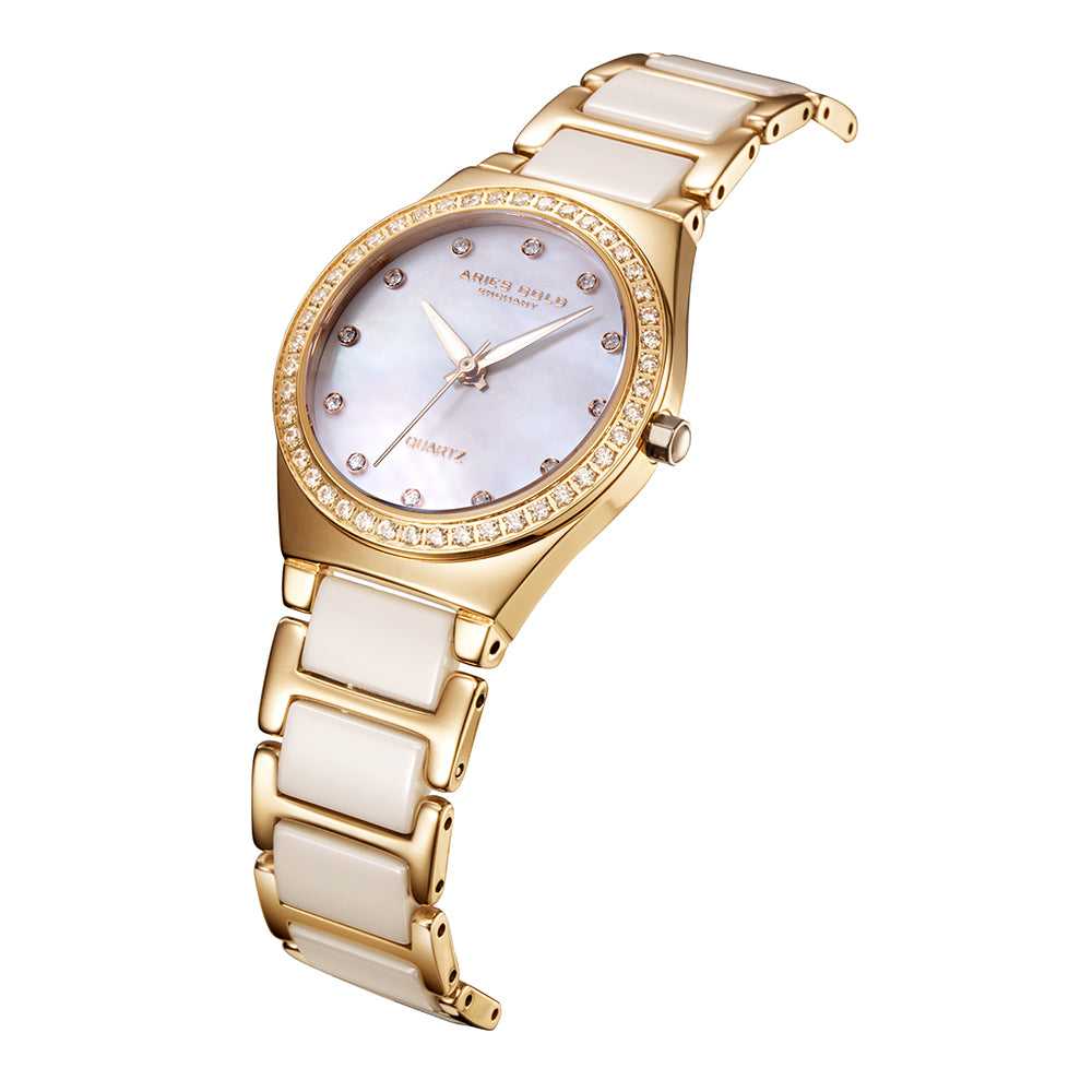 ARIES GOLD ENCHANT DIVA GOLD STAINLESS STEEL L 5014Z G-MOP WHITE CERAMIC WOMEN'S WATCH - H2 Hub Watches