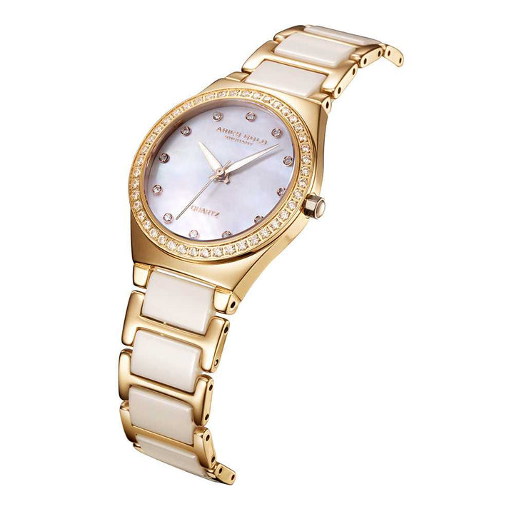 ARIES GOLD ENCHANT DIVA GOLD STAINLESS STEEL L 5014Z G-MOP WHITE CERAMIC WOMEN'S WATCH - H2 Hub Watches