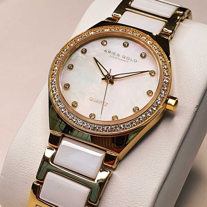 ARIES GOLD ENCHANT DIVA GOLD STAINLESS STEEL L 5014Z G-MOP WHITE CERAMIC WOMEN'S WATCH - H2 Hub Watches