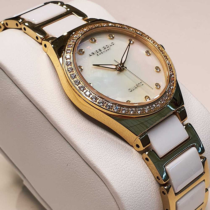 ARIES GOLD ENCHANT DIVA GOLD STAINLESS STEEL L 5014Z G-MOP WHITE CERAMIC WOMEN'S WATCH - H2 Hub Watches