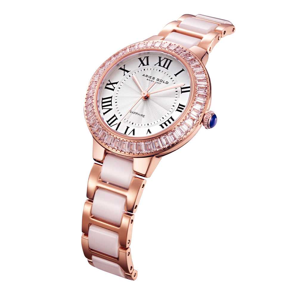 ARIES GOLD ENCHANT CAPELLA ROSE GOLD STAINLESS STEEL L 5015Z RG-W WHITE CERAMIC WOMEN'S WATCH - H2 Hub Watches