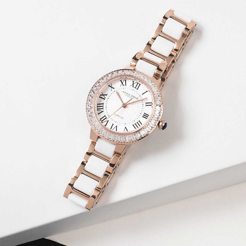 ARIES GOLD ENCHANT CAPELLA ROSE GOLD STAINLESS STEEL L 5015Z RG-W WHITE CERAMIC WOMEN'S WATCH - H2 Hub Watches