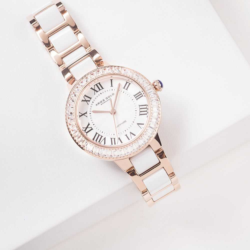 ARIES GOLD ENCHANT CAPELLA ROSE GOLD STAINLESS STEEL L 5015Z RG-W WHITE CERAMIC WOMEN'S WATCH - H2 Hub Watches
