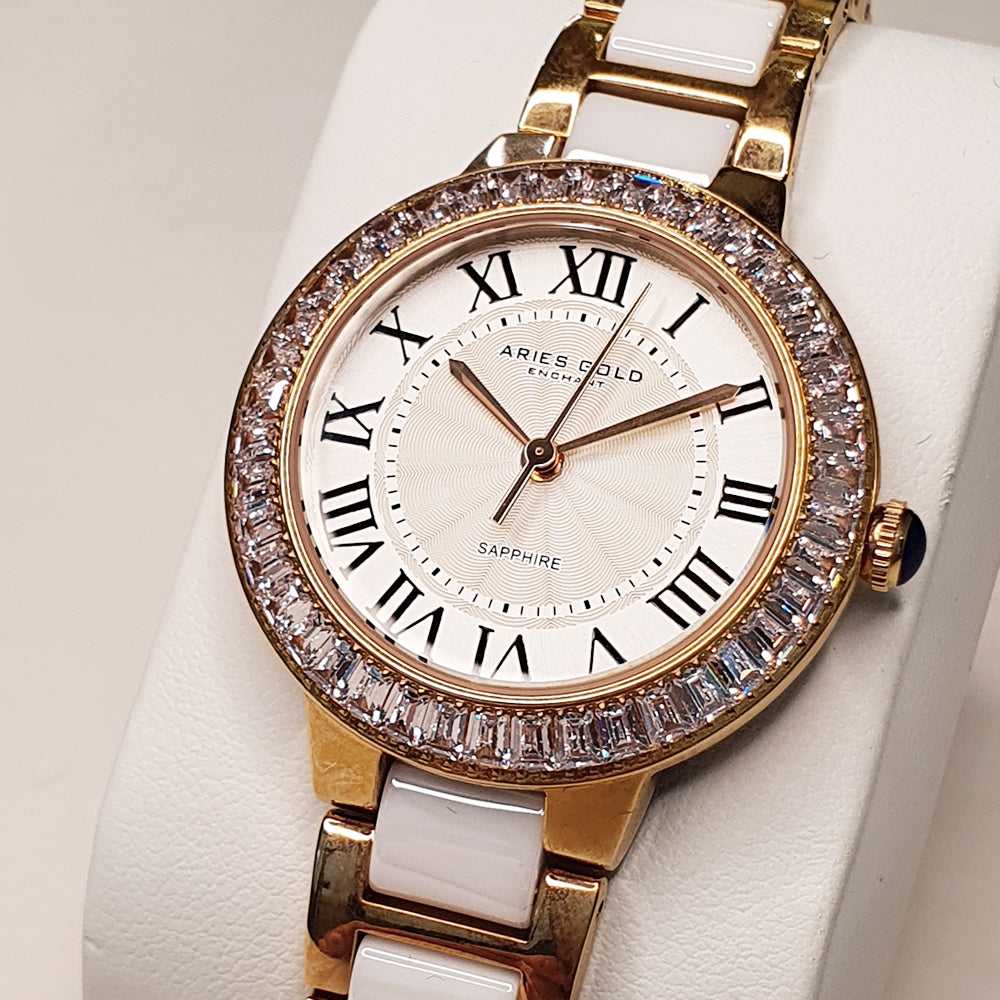 ARIES GOLD ENCHANT CAPELLA ROSE GOLD STAINLESS STEEL L 5015Z RG-W WHITE CERAMIC WOMEN'S WATCH - H2 Hub Watches