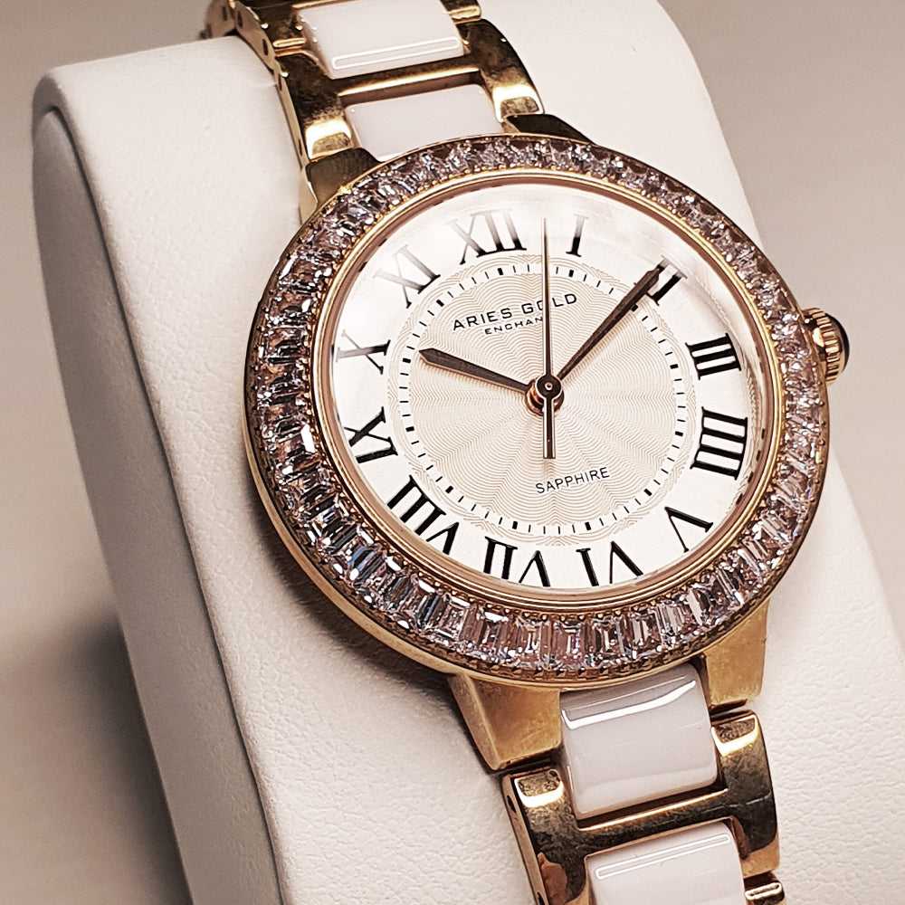 ARIES GOLD ENCHANT CAPELLA ROSE GOLD STAINLESS STEEL L 5015Z RG-W WHITE CERAMIC WOMEN'S WATCH - H2 Hub Watches