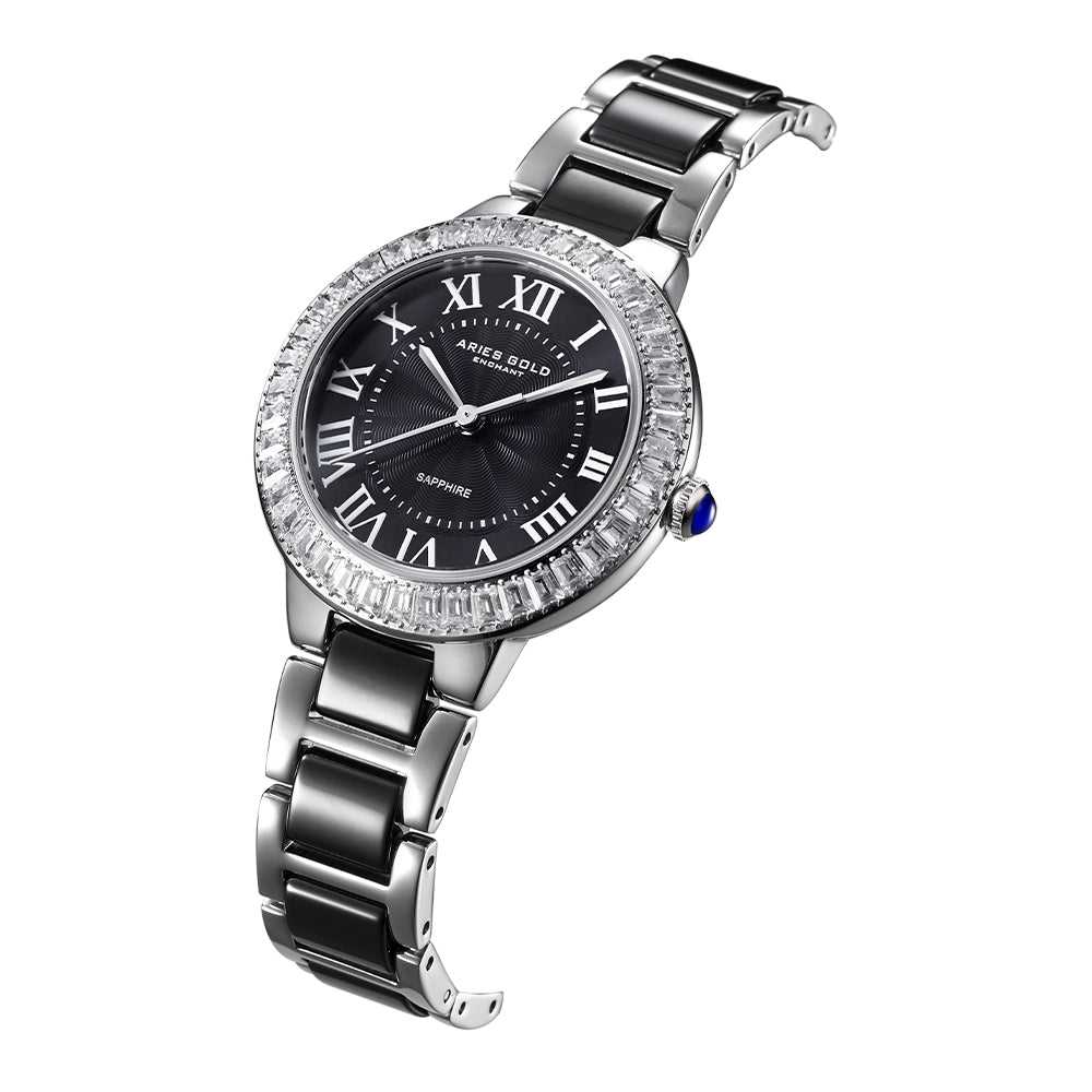ARIES GOLD ENCHANT CAPELLA SILVER STAINLESS STEEL L 5015Z S-BK BLACK CERAMIC WOMEN'S WATCH - H2 Hub Watches