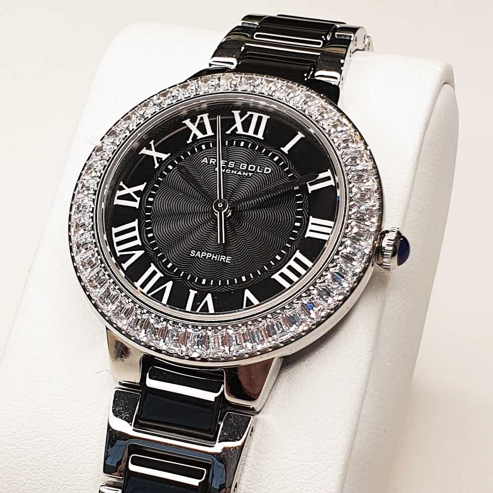 ARIES GOLD ENCHANT CAPELLA SILVER STAINLESS STEEL L 5015Z S-BK BLACK CERAMIC WOMEN'S WATCH - H2 Hub Watches