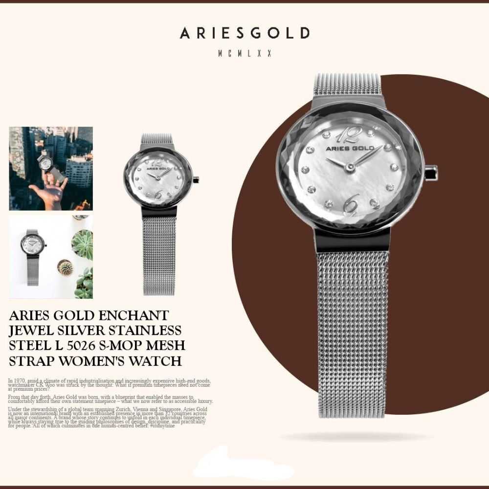 ARIES GOLD ENCHANT JEWEL SILVER STAINLESS STEEL L 5026 S-MOP MESH STRAP WOMEN'S WATCH - H2 Hub Watches