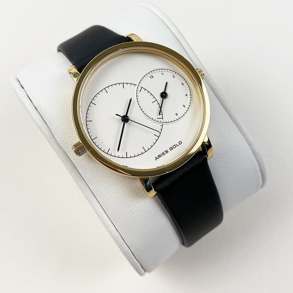 ARIES GOLD WANDERER GOLD STAINLESS STEEL L 5027 G-W BLACK LEATHER STRAP WOMEN'S WATCH - H2 Hub Watches