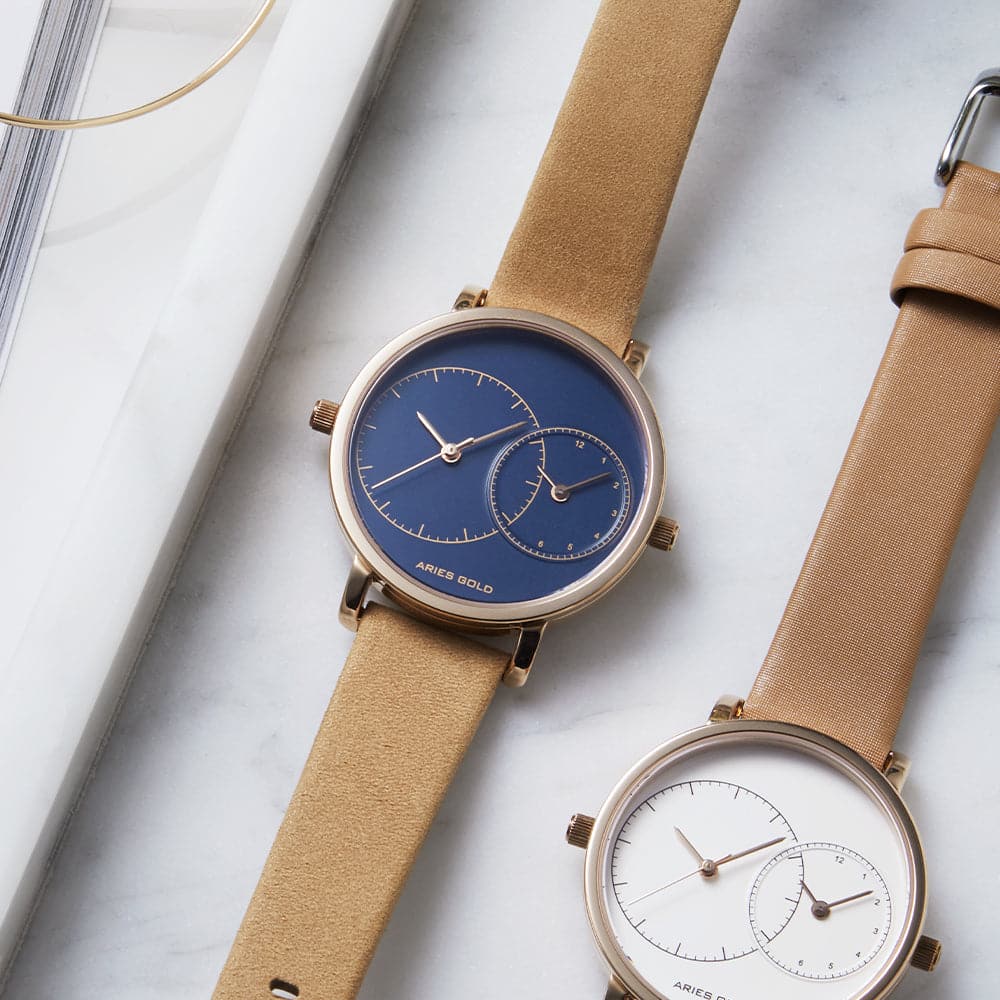 ARIES GOLD WANDERER ROSE GOLD STAINLESS STEEL L 5027 RG-BU BROWN LEATHER STRAP WOMEN'S WATCH - H2 Hub Watches