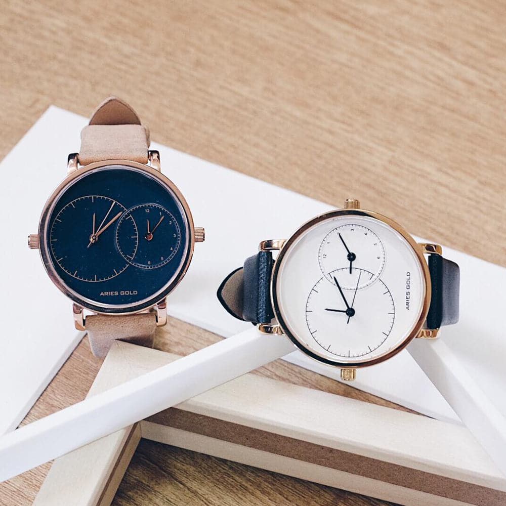 ARIES GOLD WANDERER ROSE GOLD STAINLESS STEEL L 5027 RG-BU BROWN LEATHER STRAP WOMEN'S WATCH - H2 Hub Watches