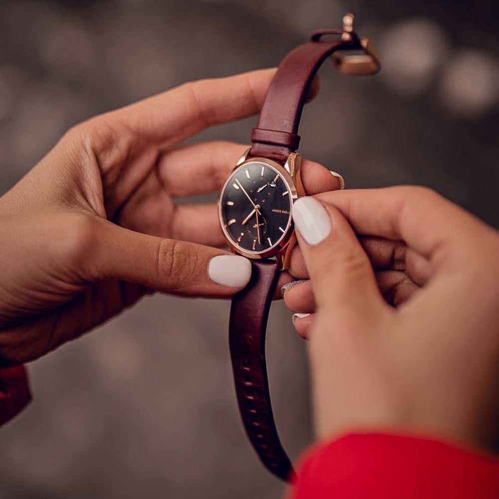 ARIES GOLD ENCHANT LIBERTY ROSE GOLD STAINLESS STEEL L 5031 RG-BK-L BROWN LEATHER STRAP WOMEN'S WATCH - H2 Hub Watches