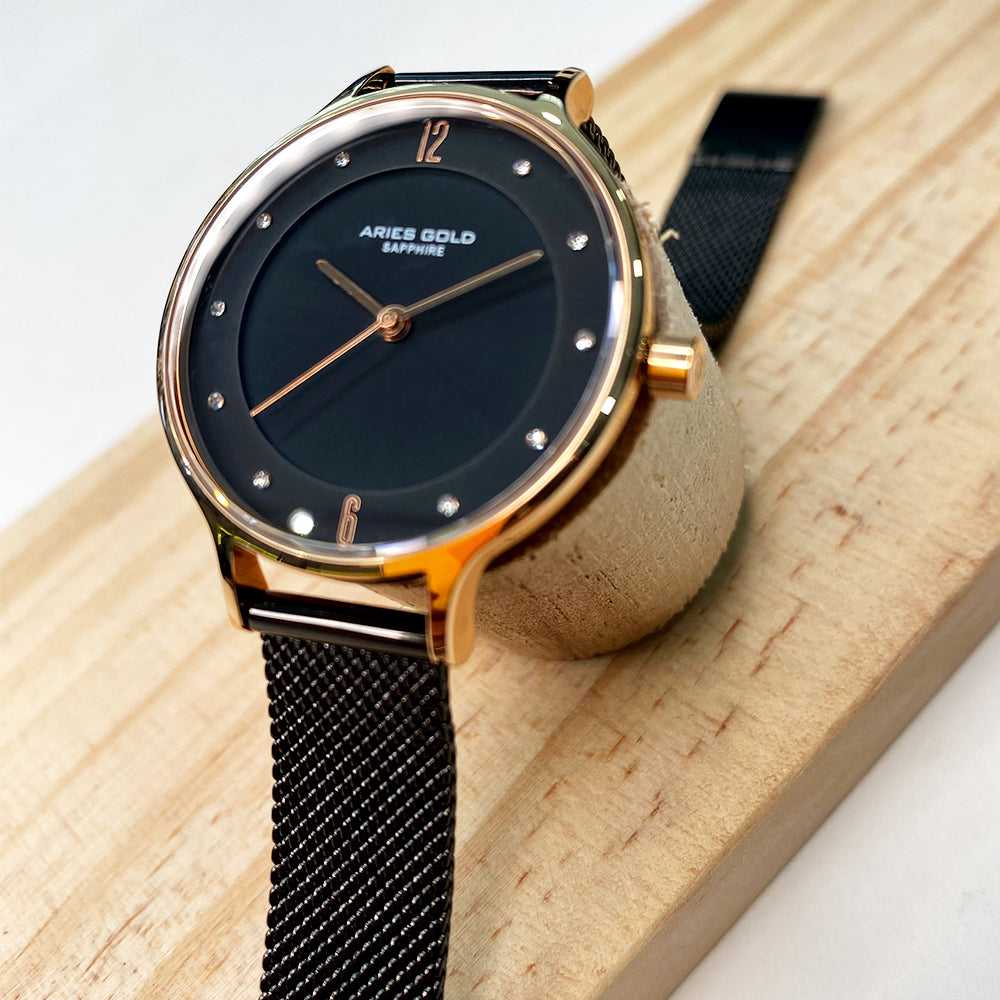 ARIES GOLD ENCHANT ROSE GOLD STAINLESS STEEL L 5033Z RG-BK MESH STRAP WOMEN'S WATCH - H2 Hub Watches