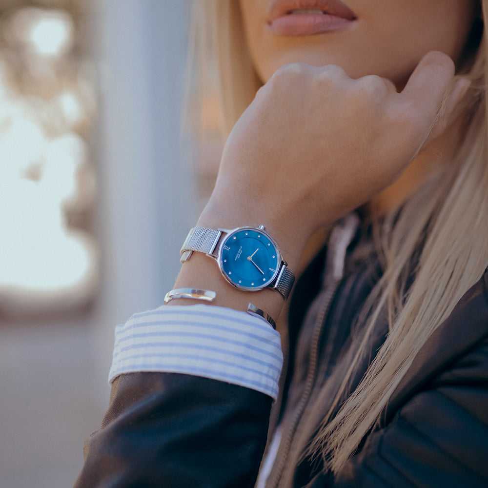 ARIES GOLD ENCHANT SILVER STAINLESS STEEL L 5033Z S-BU MESH STRAP WOMEN'S WATCH - H2 Hub Watches