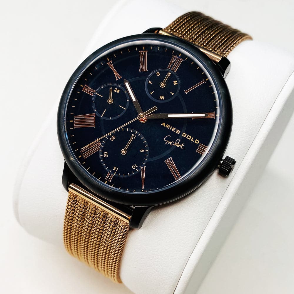ARIES GOLD VOYAGE BLACK STAINLESS STEEL L 5034 BK-BK ROSE GOLD MESH STRAP WOMEN'S WATCH - H2 Hub Watches