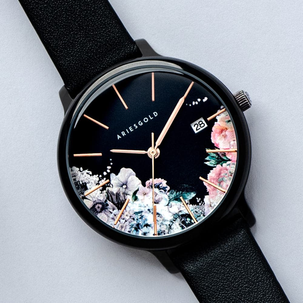 ARIES GOLD ENCHANT FLEUR BLACK STAINLESS STEEL L 5035A BK-BKFL BLACK LEATHER STRAP WOMEN'S WATCH - H2 Hub Watches