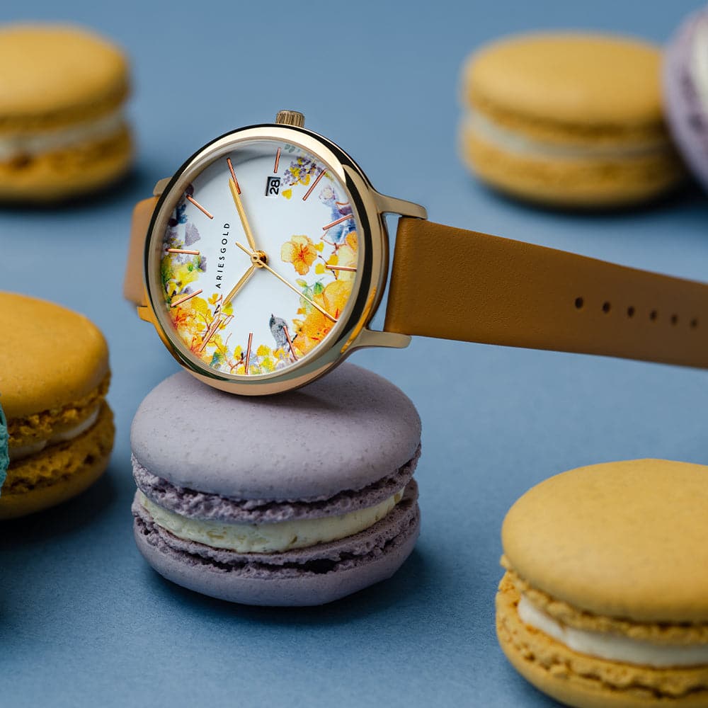 ARIES GOLD ENCHANT FLEUR GOLD STAINLESS STEEL L 5035A G-YFL MUSTARD YELLOW LEATHER STRAP WOMEN'S WATCH - H2 Hub Watches