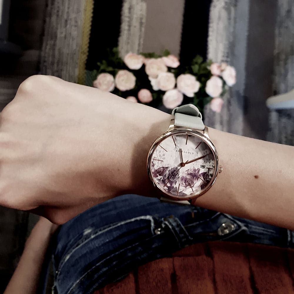 ARIES GOLD ENCHANT FLEUR ROSE GOLD STAINLESS STEEL L 5035A RG-GNFL TURQUOISE LEATHER STRAP WOMEN'S WATCH - H2 Hub Watches