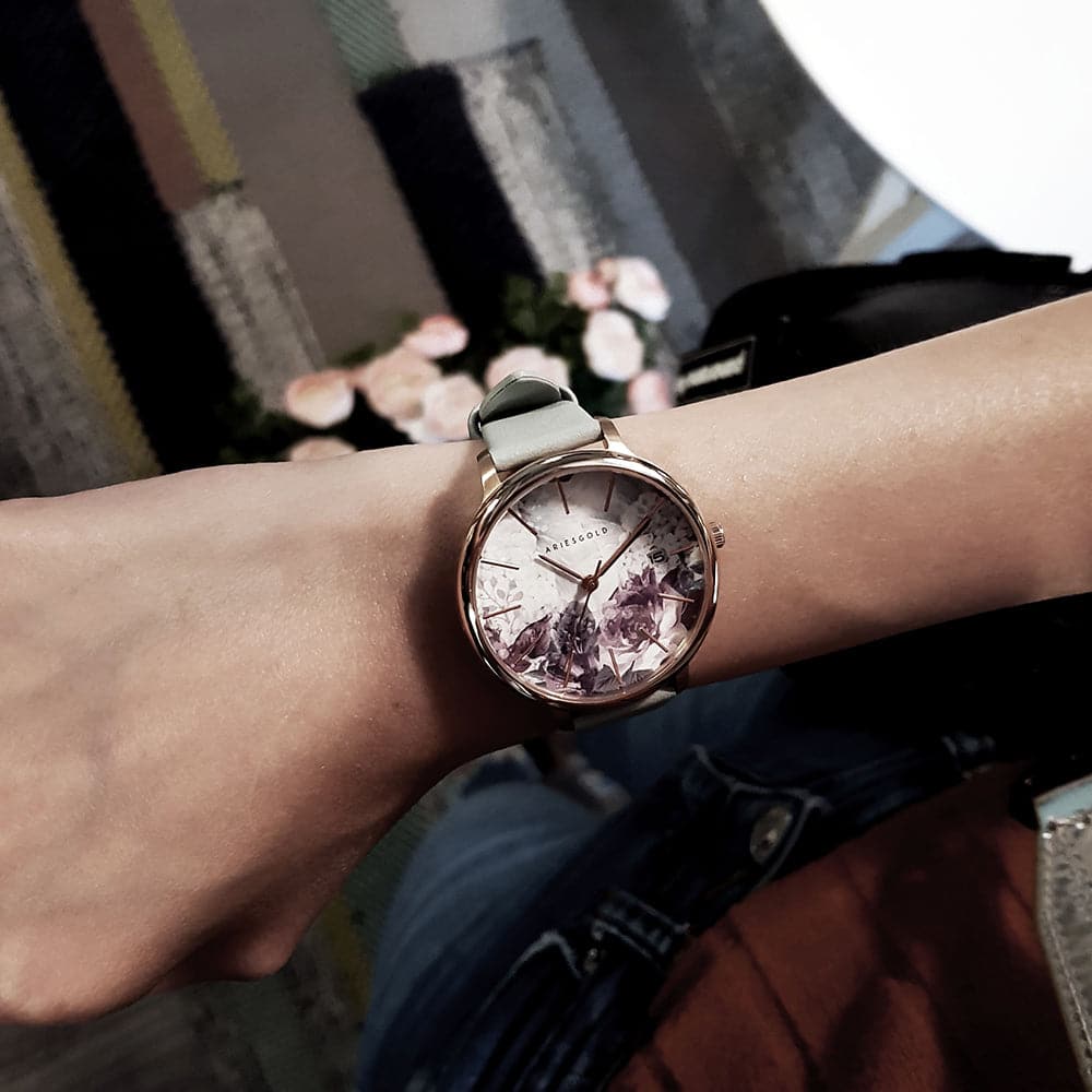 ARIES GOLD ENCHANT FLEUR ROSE GOLD STAINLESS STEEL L 5035A RG-GNFL TURQUOISE LEATHER STRAP WOMEN'S WATCH - H2 Hub Watches