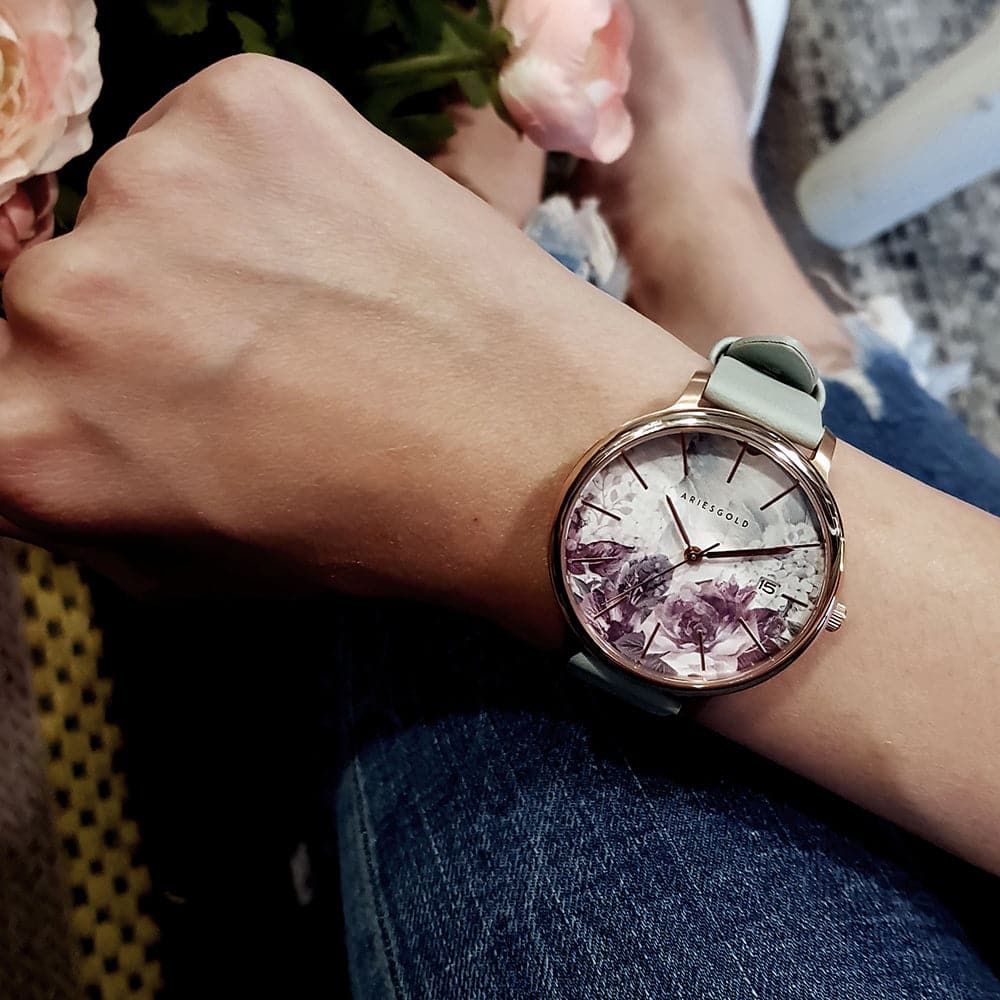 ARIES GOLD ENCHANT FLEUR ROSE GOLD STAINLESS STEEL L 5035A RG-GNFL TURQUOISE LEATHER STRAP WOMEN'S WATCH - H2 Hub Watches