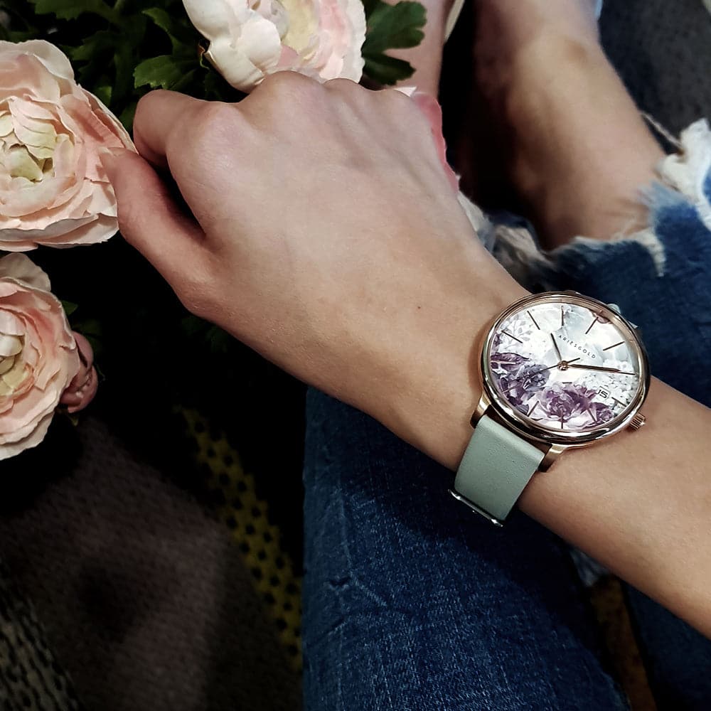 ARIES GOLD ENCHANT FLEUR ROSE GOLD STAINLESS STEEL L 5035A RG-GNFL TURQUOISE LEATHER STRAP WOMEN'S WATCH - H2 Hub Watches