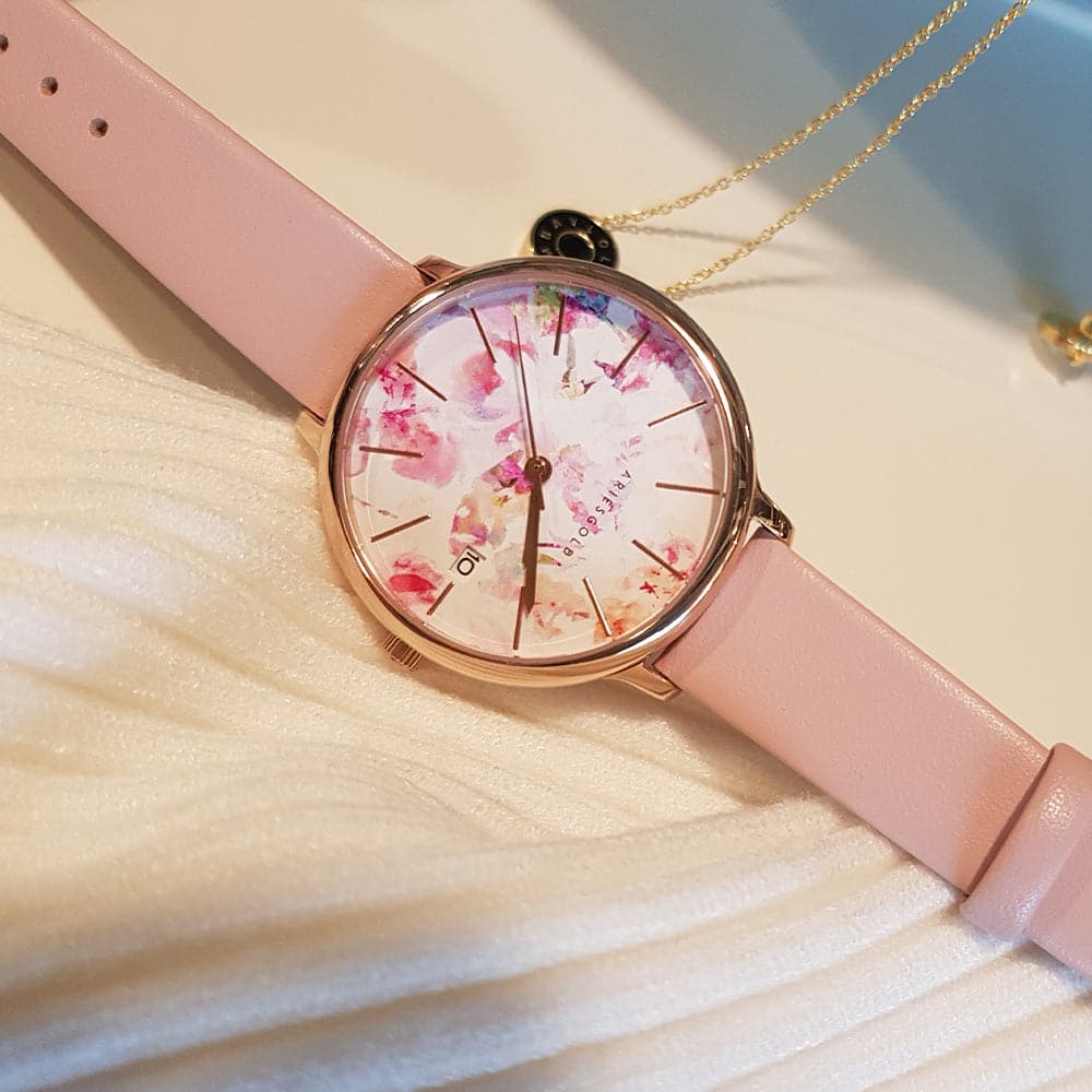 ARIES GOLD ENCHANT FLEUR ROSE GOLD STAINLESS STEEL L 5035A RG-PIFL PINK LEATHER STRAP WOMEN'S WATCH - H2 Hub Watches