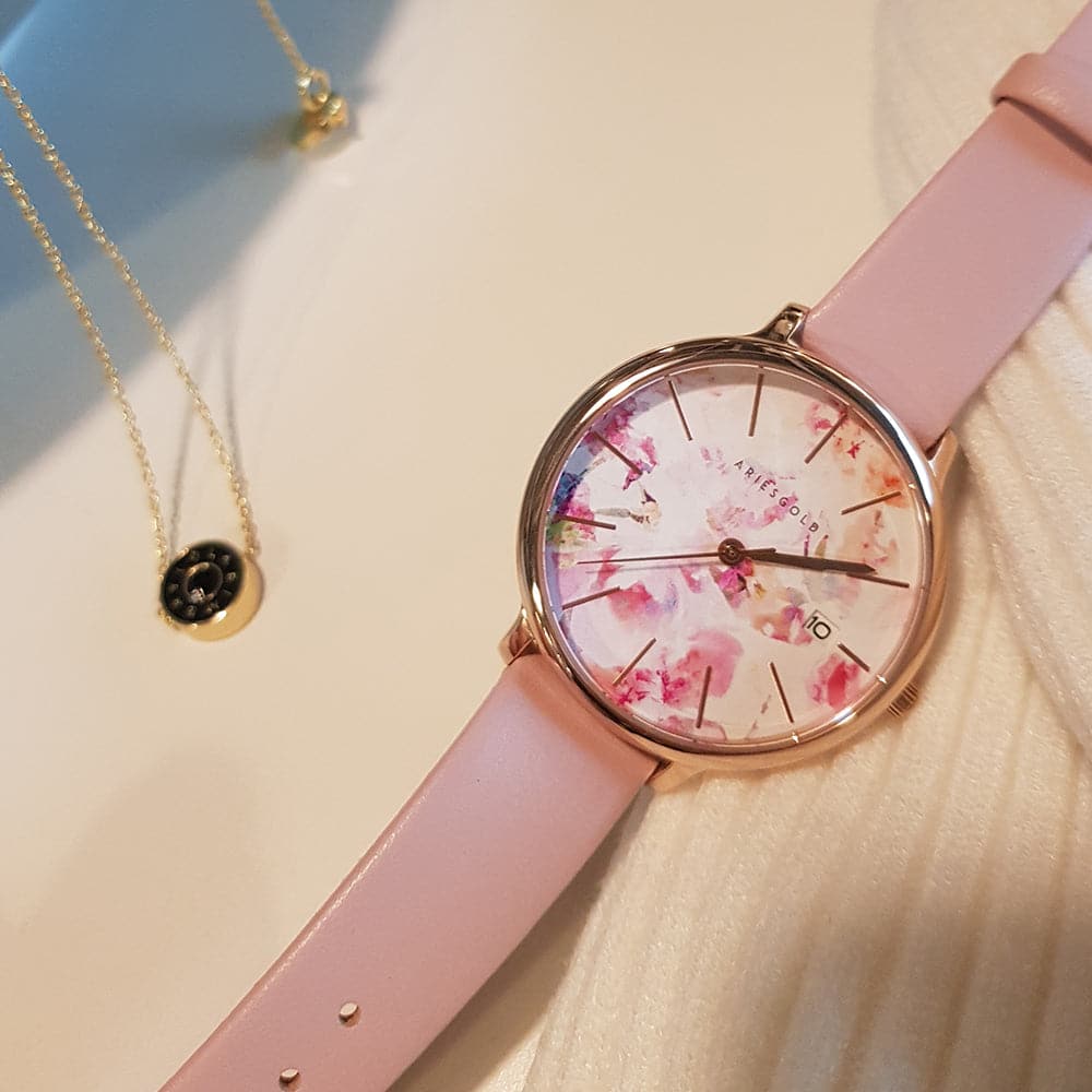 ARIES GOLD ENCHANT FLEUR ROSE GOLD STAINLESS STEEL L 5035A RG-PIFL PINK LEATHER STRAP WOMEN'S WATCH - H2 Hub Watches