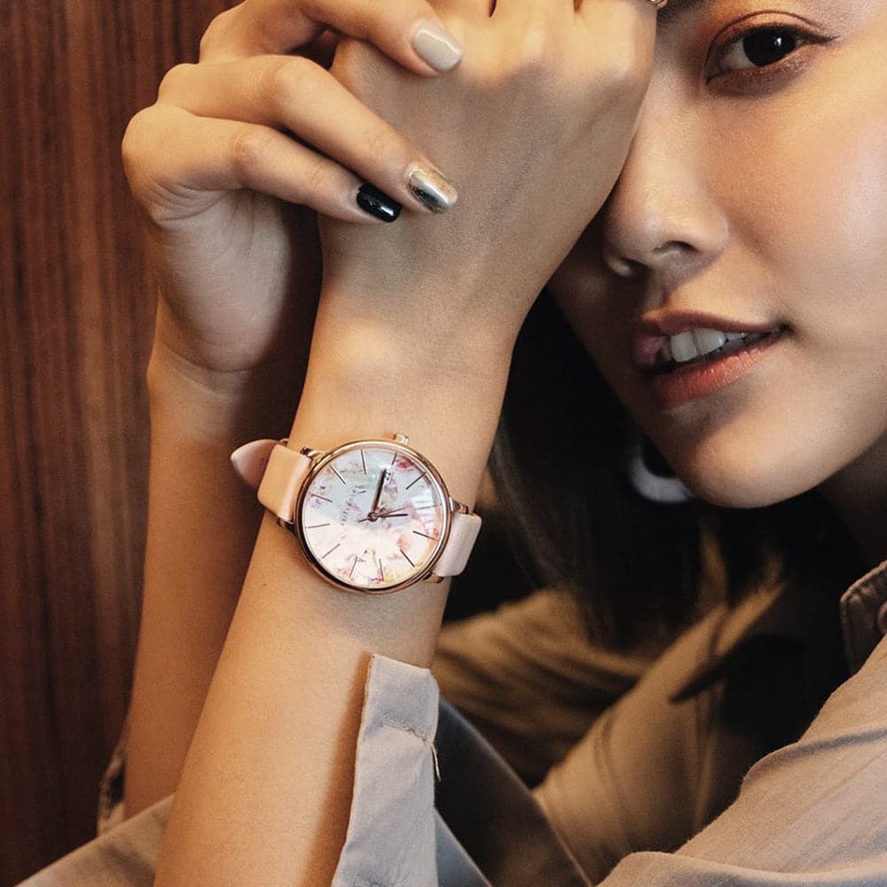 ARIES GOLD ENCHANT FLEUR ROSE GOLD STAINLESS STEEL L 5035A RG-PIFL PINK LEATHER STRAP WOMEN'S WATCH - H2 Hub Watches
