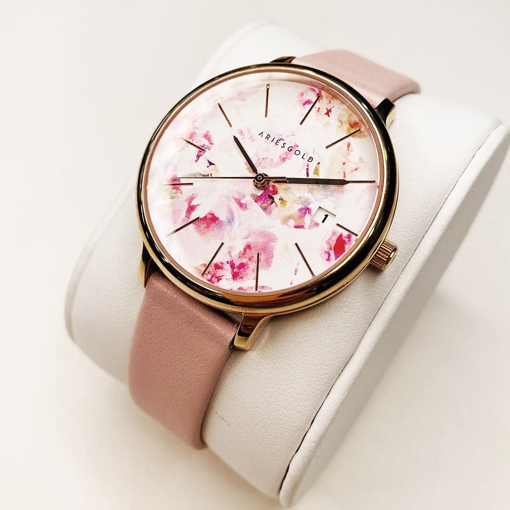 ARIES GOLD ENCHANT FLEUR ROSE GOLD STAINLESS STEEL L 5035A RG-PIFL PINK LEATHER STRAP WOMEN'S WATCH - H2 Hub Watches