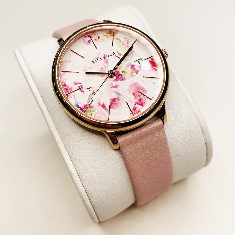ARIES GOLD ENCHANT FLEUR ROSE GOLD STAINLESS STEEL L 5035A RG-PIFL PINK LEATHER STRAP WOMEN'S WATCH - H2 Hub Watches