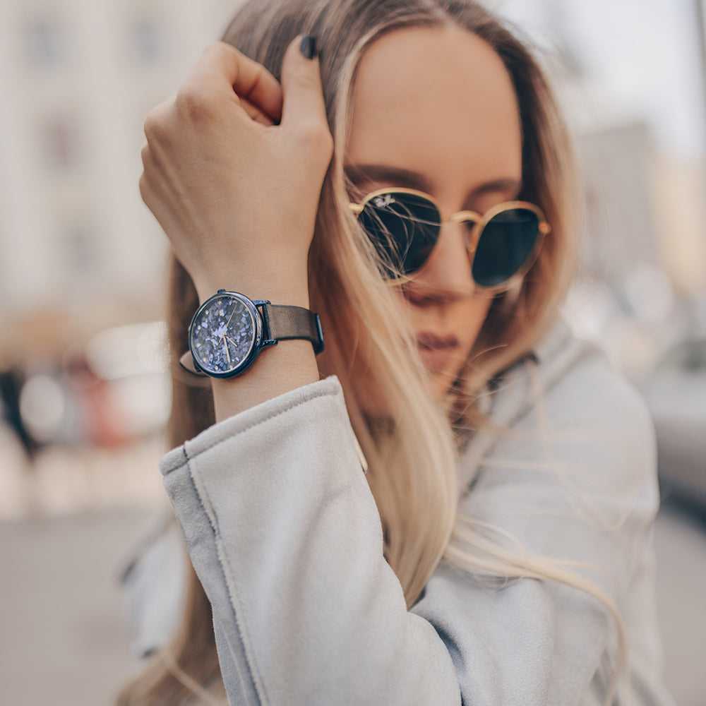 ARIES GOLD ENCHANT FLEUR BLUE L 5035 PUR-TL LEATHER STRAP WOMEN'S WATCH - H2 Hub Watches