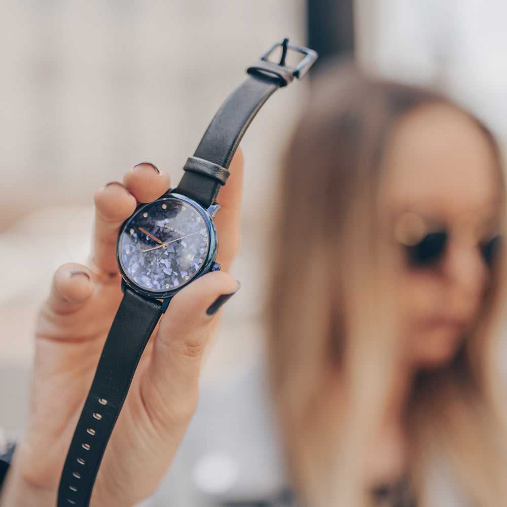 ARIES GOLD ENCHANT FLEUR BLUE L 5035 PUR-TL LEATHER STRAP WOMEN'S WATCH - H2 Hub Watches