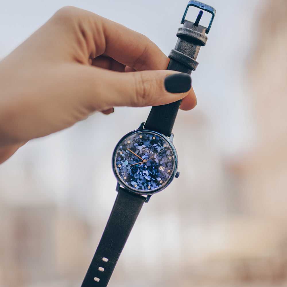 ARIES GOLD ENCHANT FLEUR BLUE L 5035 PUR-TL LEATHER STRAP WOMEN'S WATCH - H2 Hub Watches